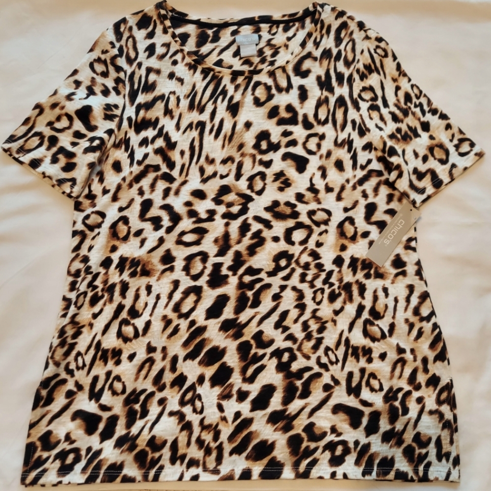 Chico's Cotton Slub Short Sleeve Basic Knit Top Cool Ocelot WarmSand size 8  NWT